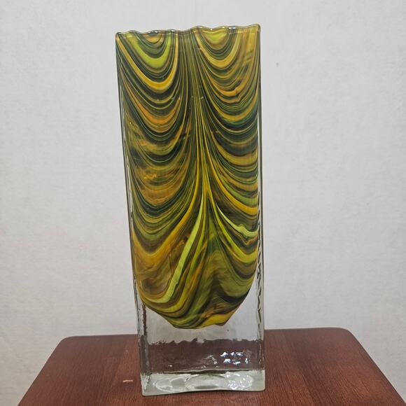 Global Views Marbleized Swirl Blown Glass Vase 11” Green Yellow - Picture 1 of 10